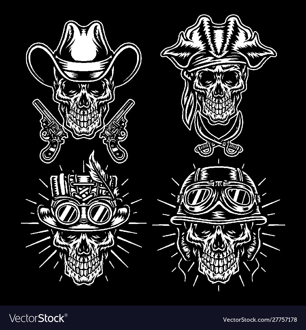Set skull characters isolated on dark background vector image Set skull characters isolated on dark background