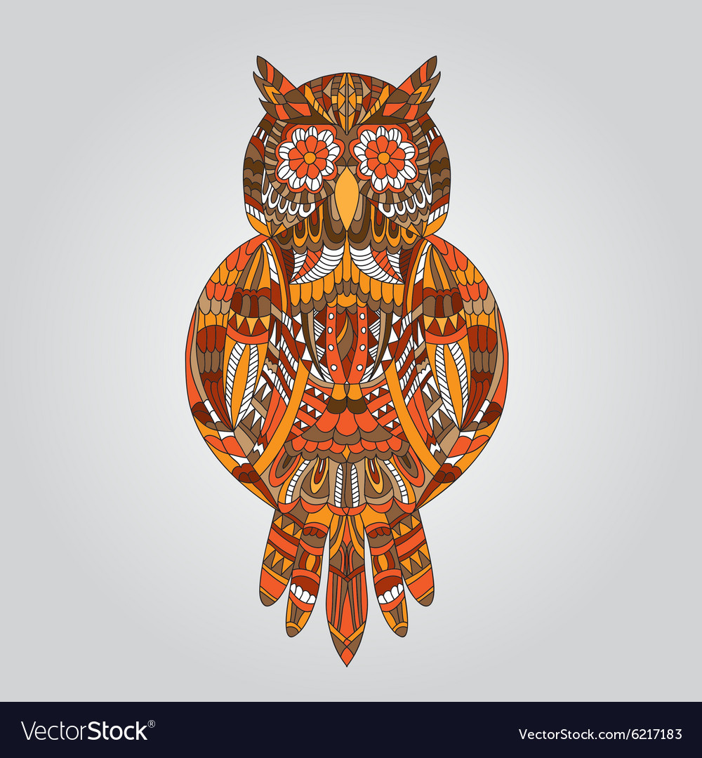 Brown owl in ornamental style for design