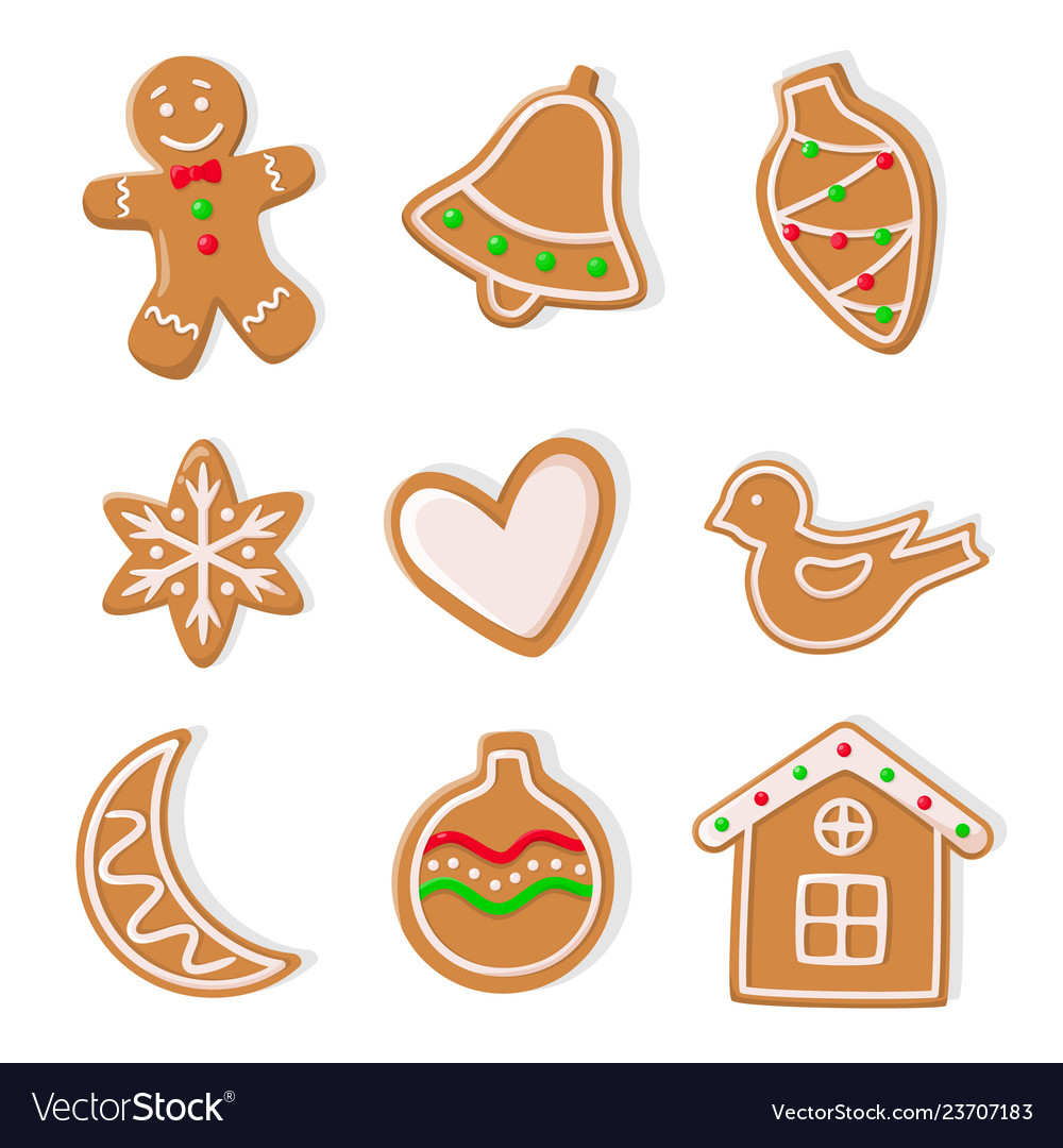 Gingerbread cookies man and bells hearts icons Vector Image