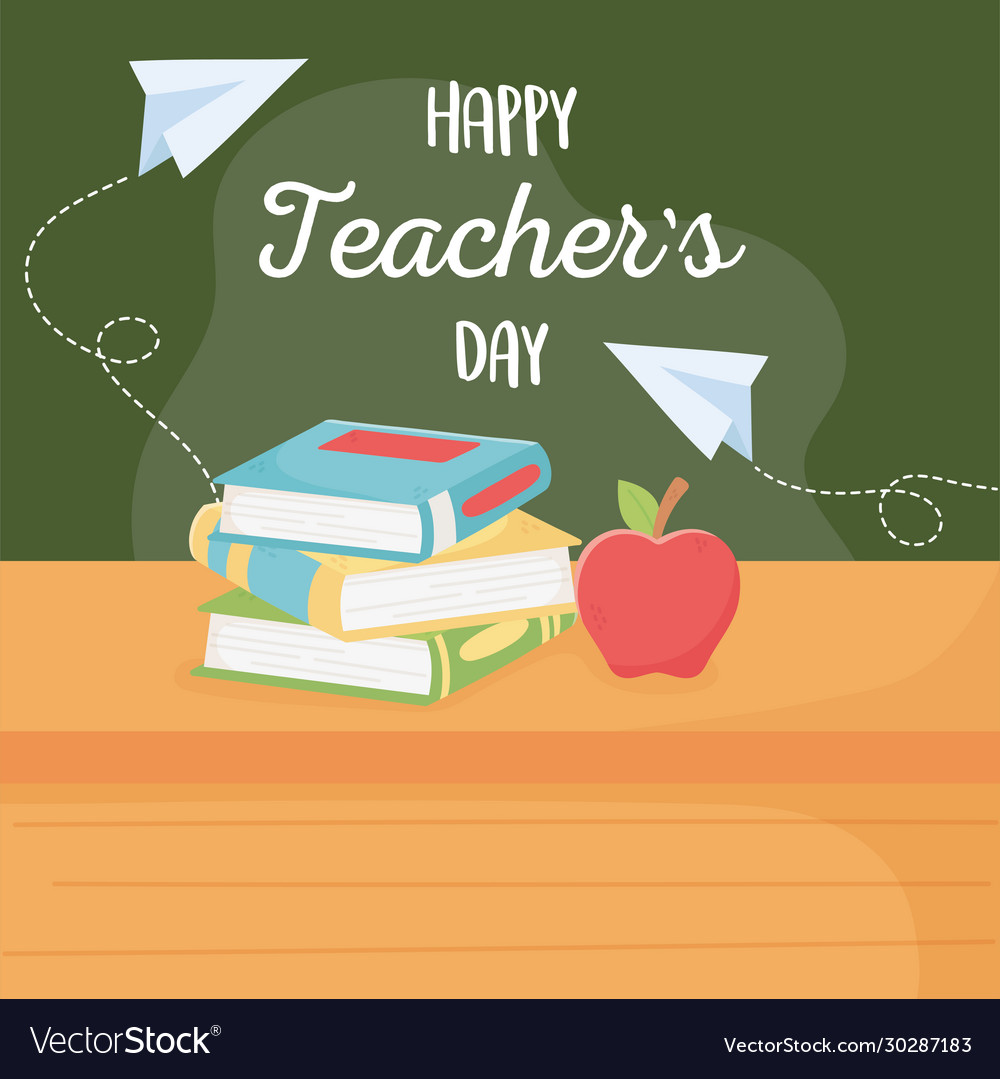 Happy teachers day school apple book and on table Vector Image