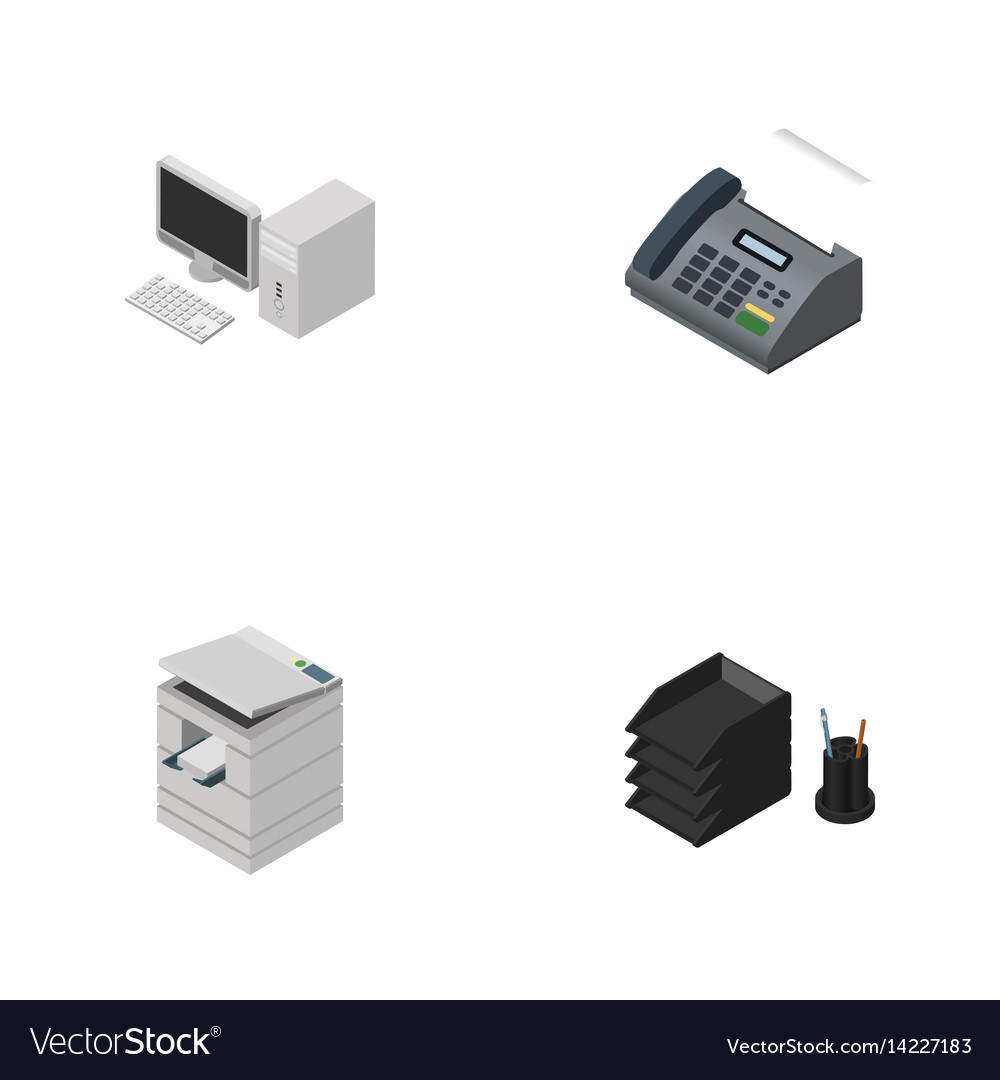 Isometric Business Set Of Computer Desk File Rack Vector Image