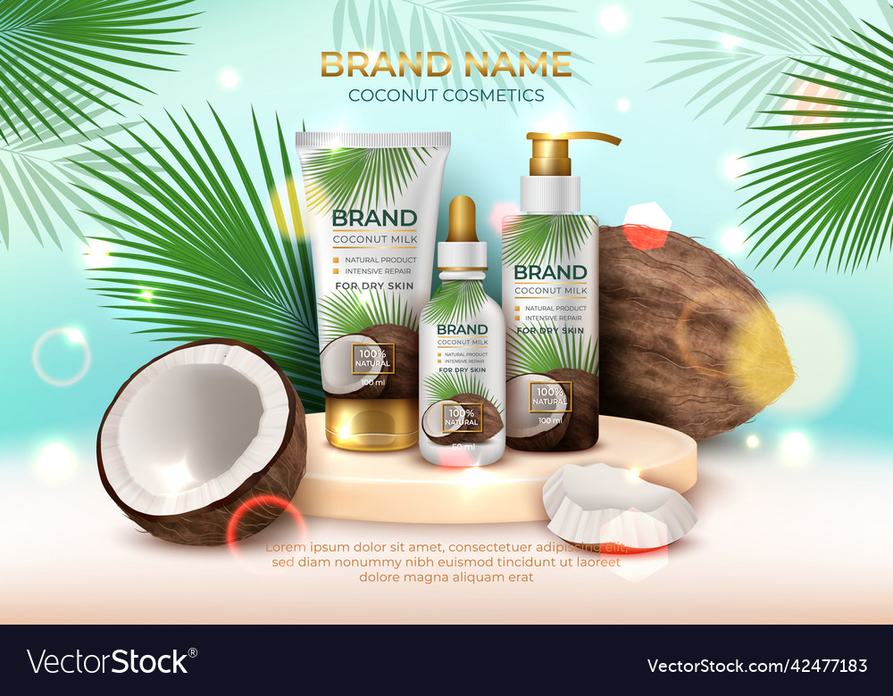 Realistic detailed 3d coconut cosmetics ads banner