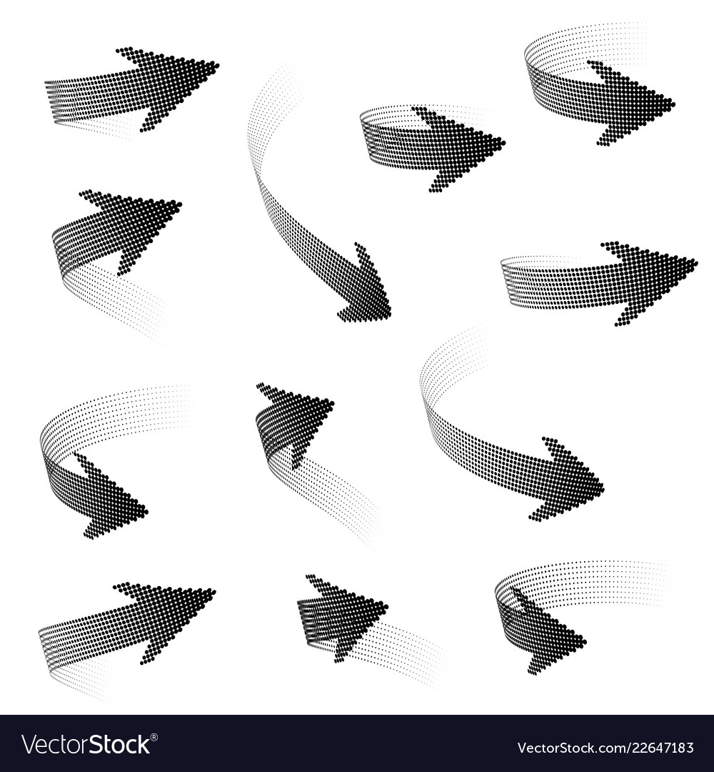Set of 3d arrows halfton distorted in space vector image Set of 3d arrows halfton distorted in space