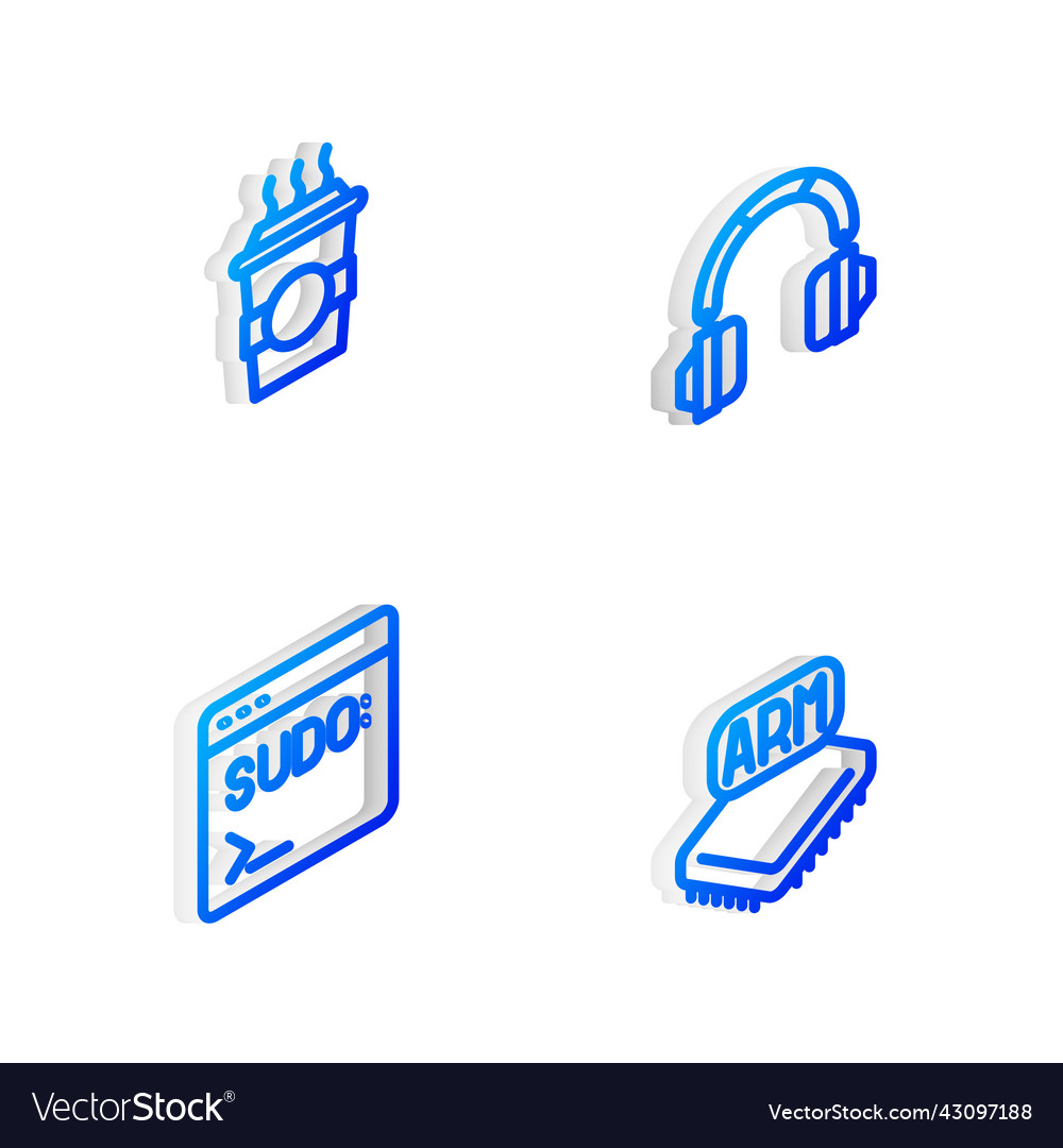 Set isometric line headphones coffee cup to go