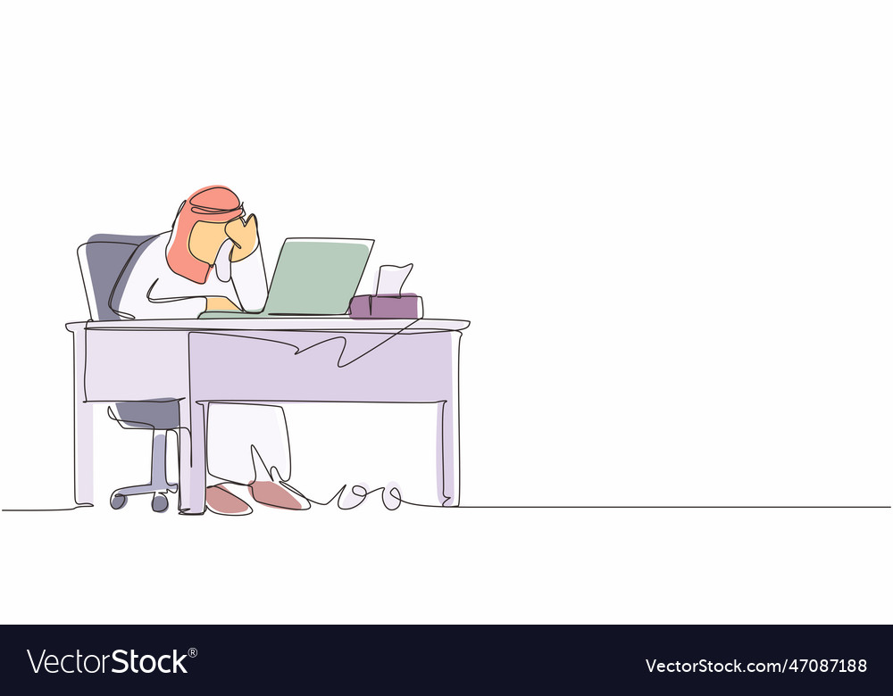 Single one line drawing male employee crying Vector Image