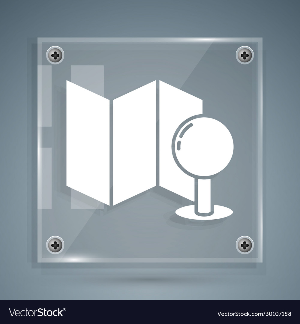 White folded map with push pin icon isolated