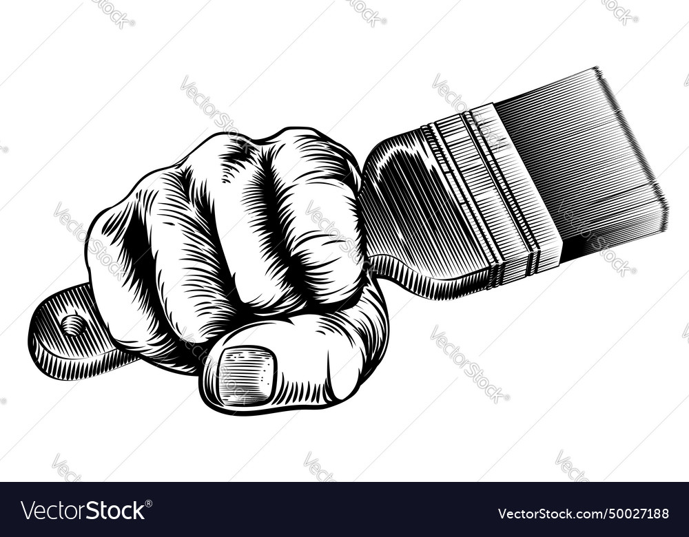 Woodcut fist hand holding paintbrush Royalty Free Vector