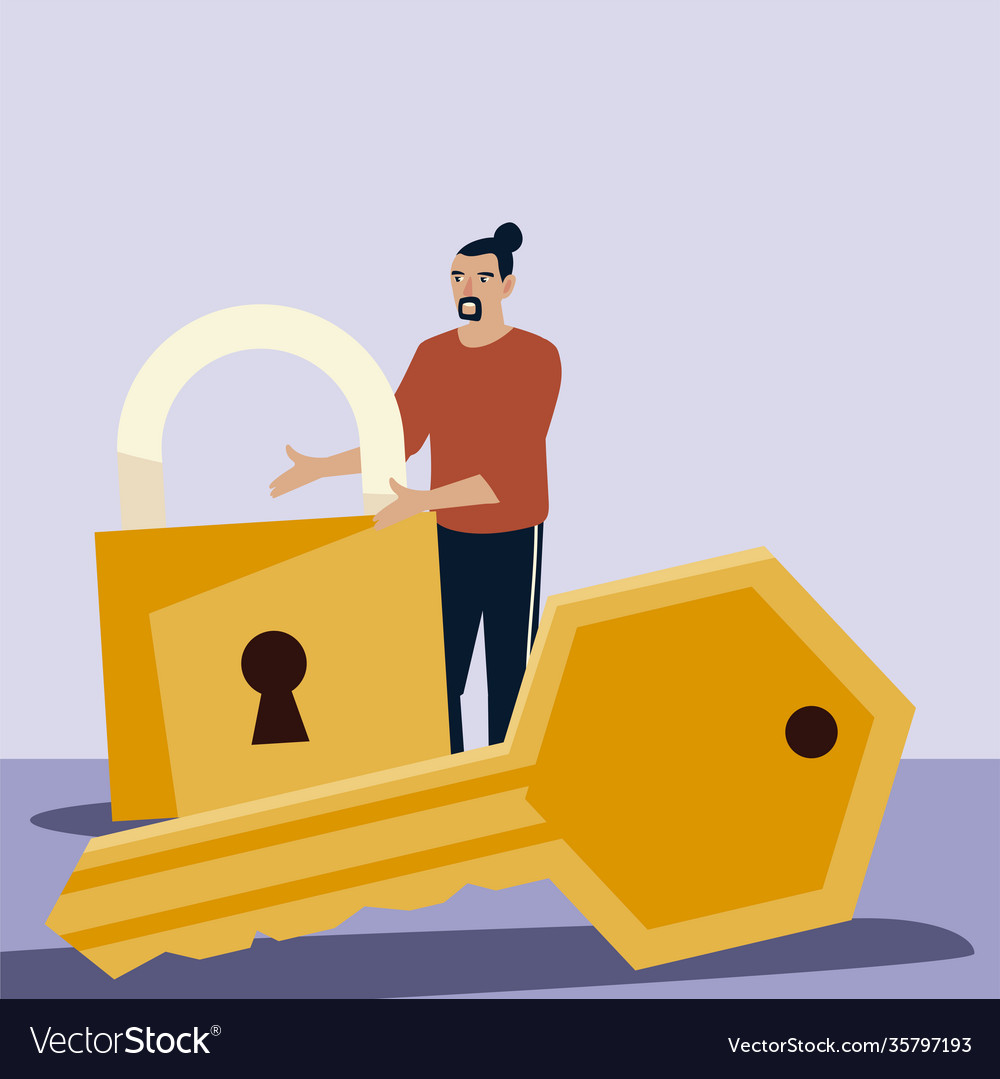 Man with padlock and key security protection