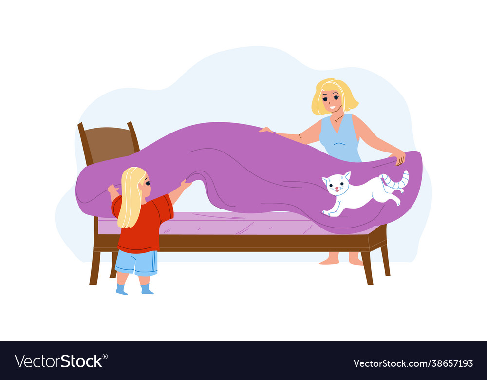 Mother and daughter make bed with bedsheet vector image Mother and daughter make bed with bedsheet