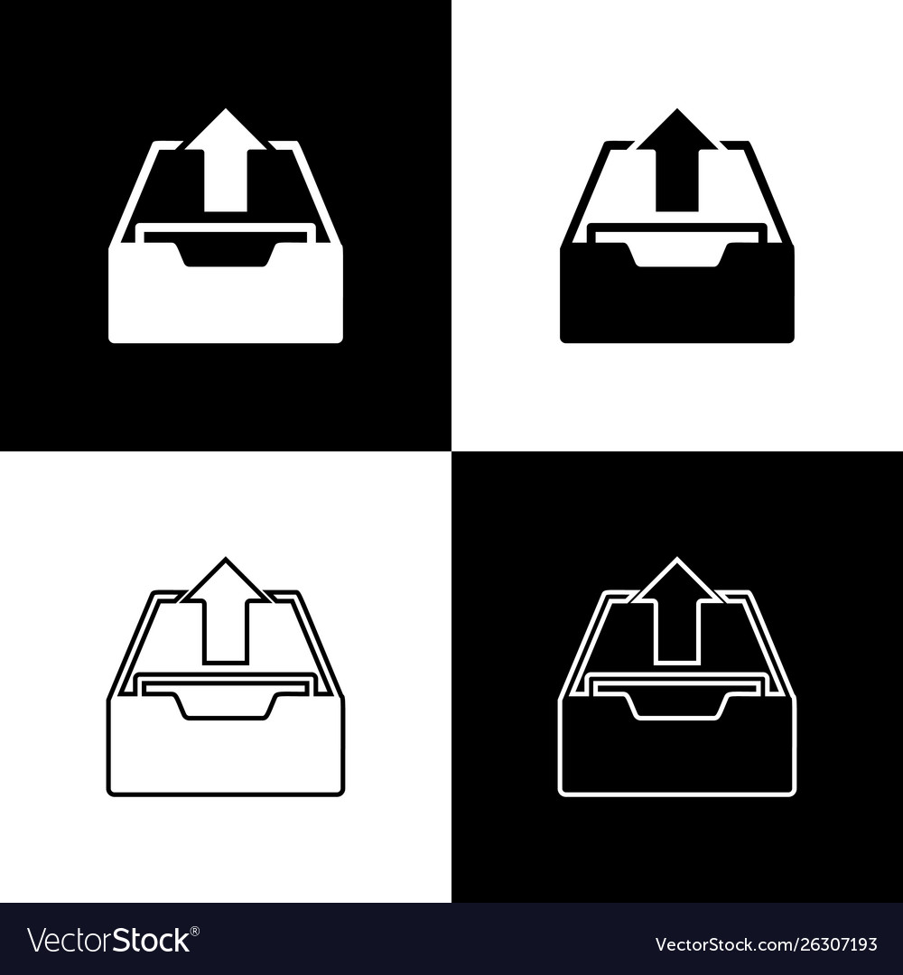 Set upload inbox icon isolated on black and white