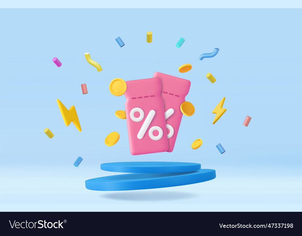 3d coupon with coins in blue podium background