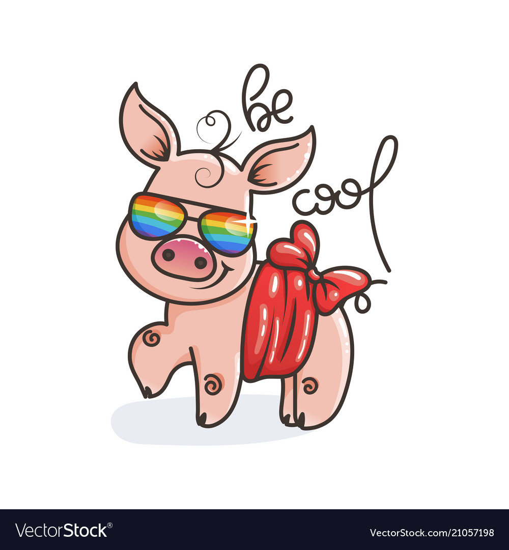 Cute cartoon baby pig in a cool rainbow glasses