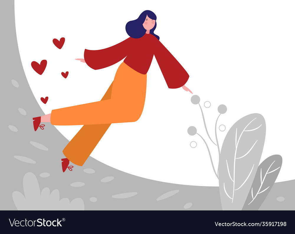 Girl fly around flower heart shape with cartoon