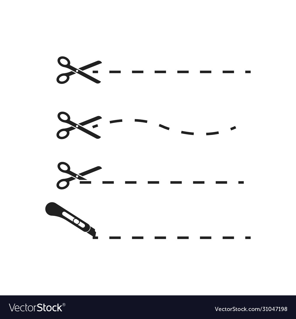 Set scissors with cut lines isolated on white vector image Set scissors with cut lines isolated on white