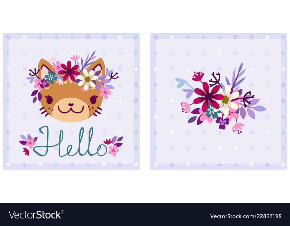 Square hello card with a cartoon kitten