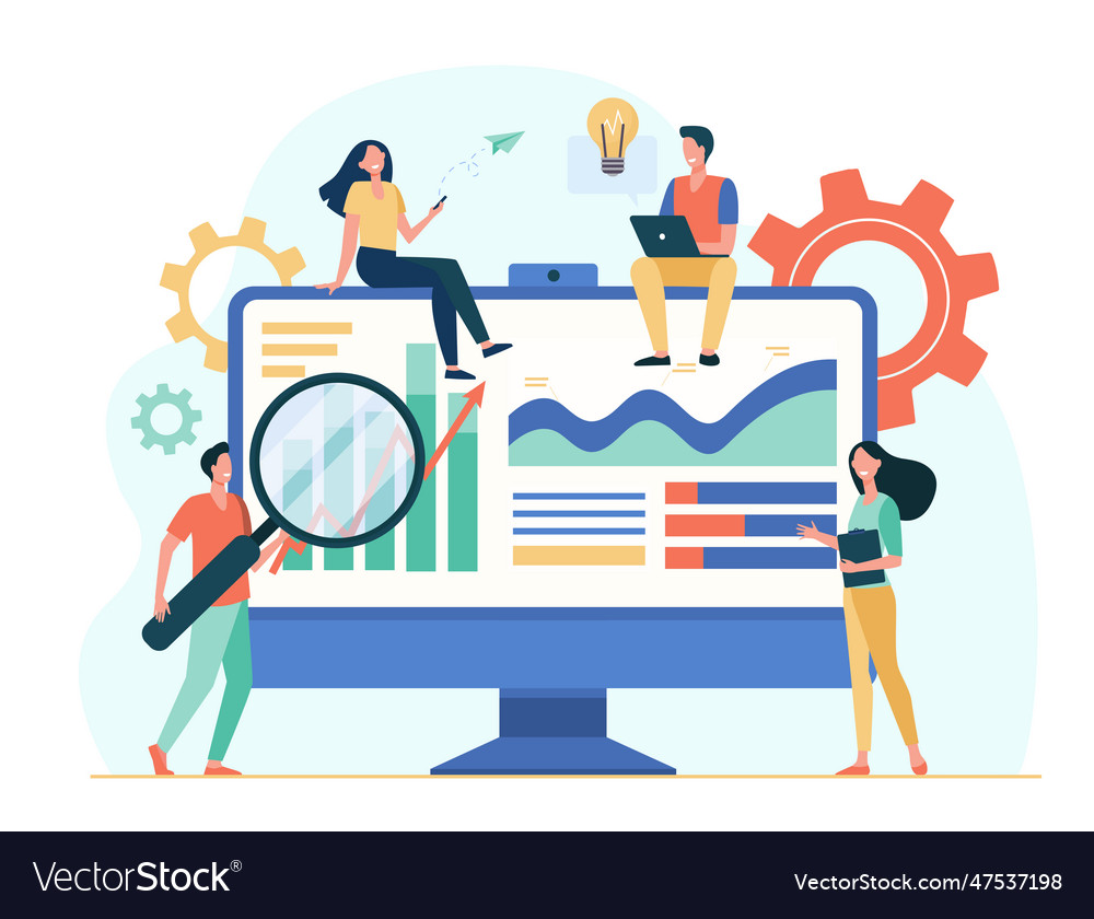 Tiny analysts working with data on dashboard