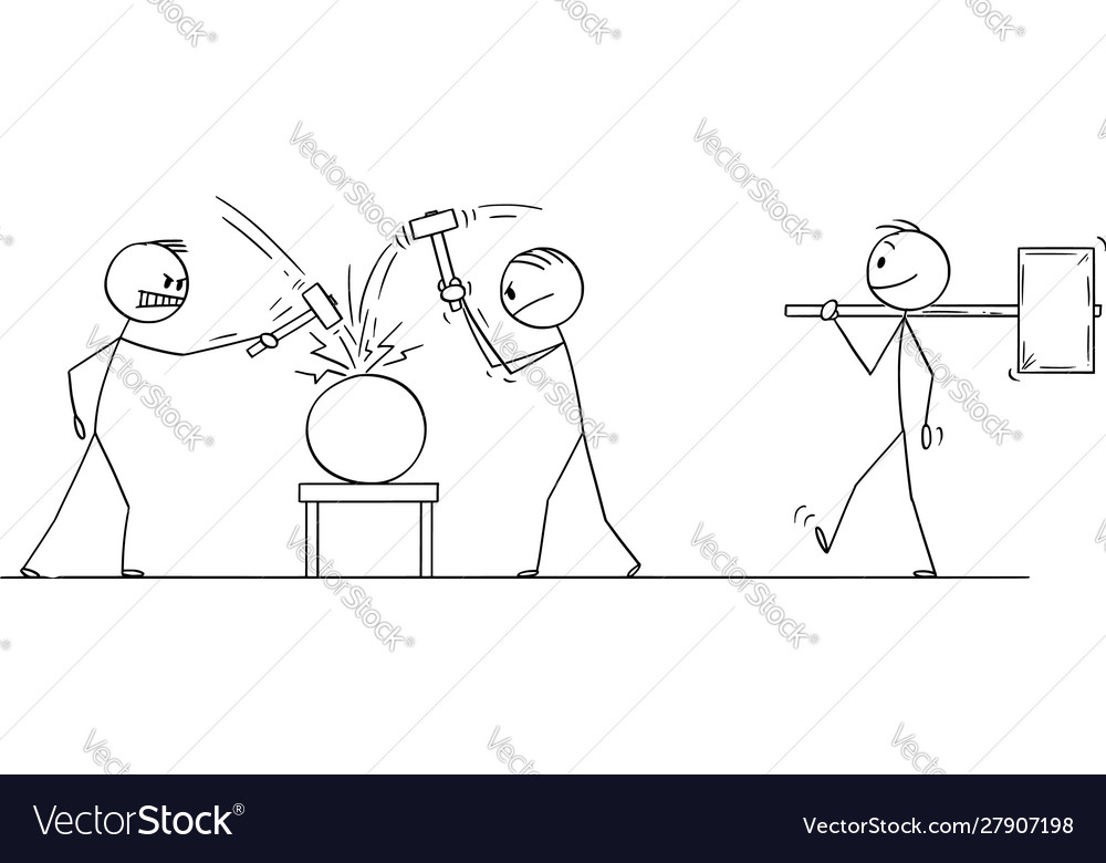 Two Men Cracking a Problem with Hammers