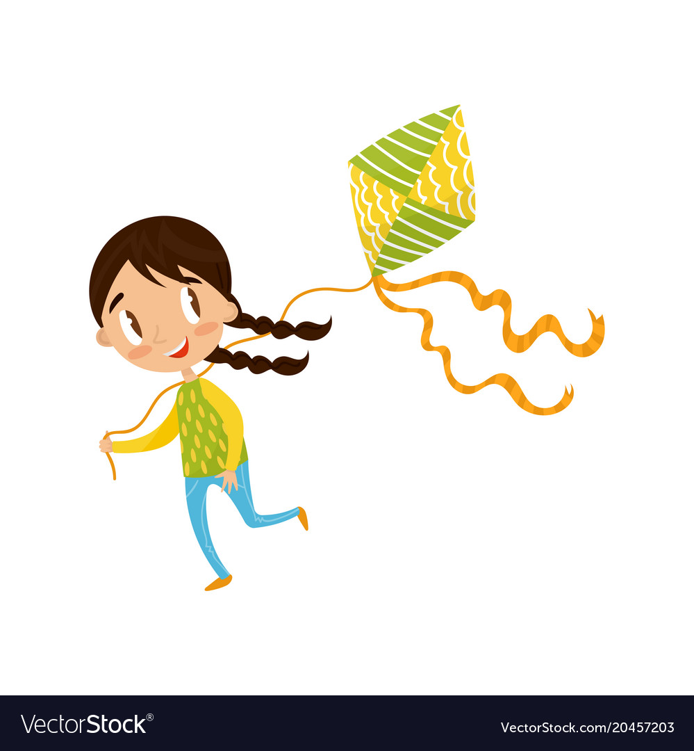 Brunette little girl playing kite cute cartoon