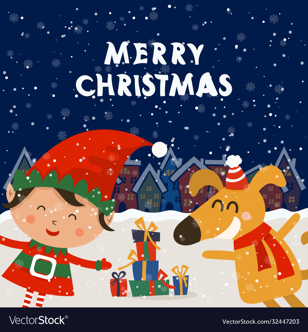 Cartoon for holiday theme with elf and dog