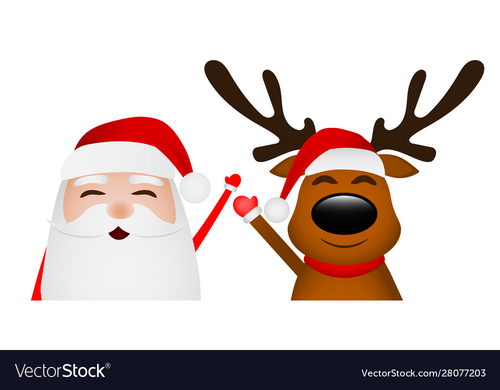 Cartoon funny santa claus and reindeer waving