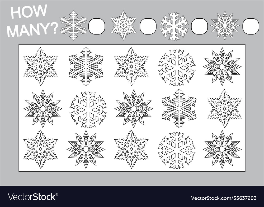 Count how many snowflakes and color them vector image Count how many snowflakes and color them