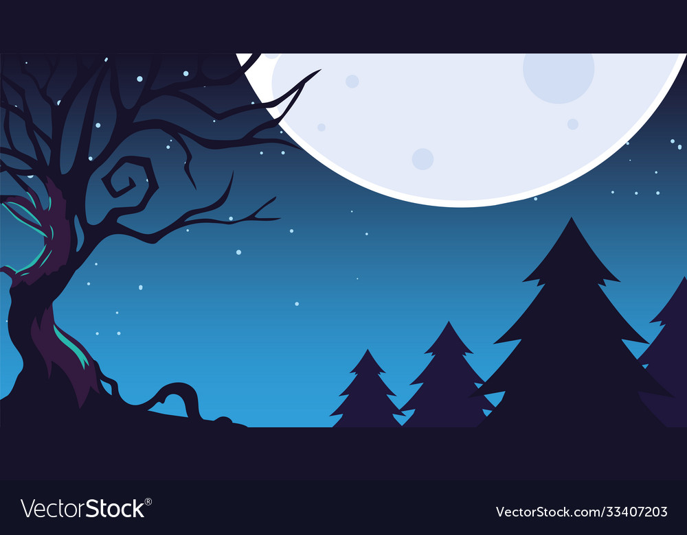 Halloween dark night background with scary forest
