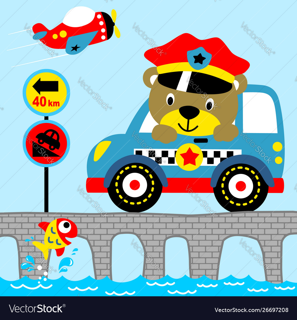 Funny officer bear crossing a bridge with his