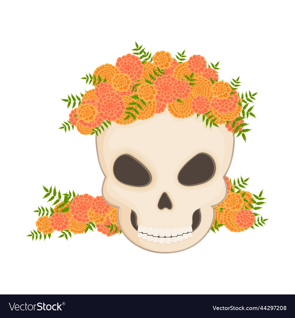 Muertos skull with marigold wreath