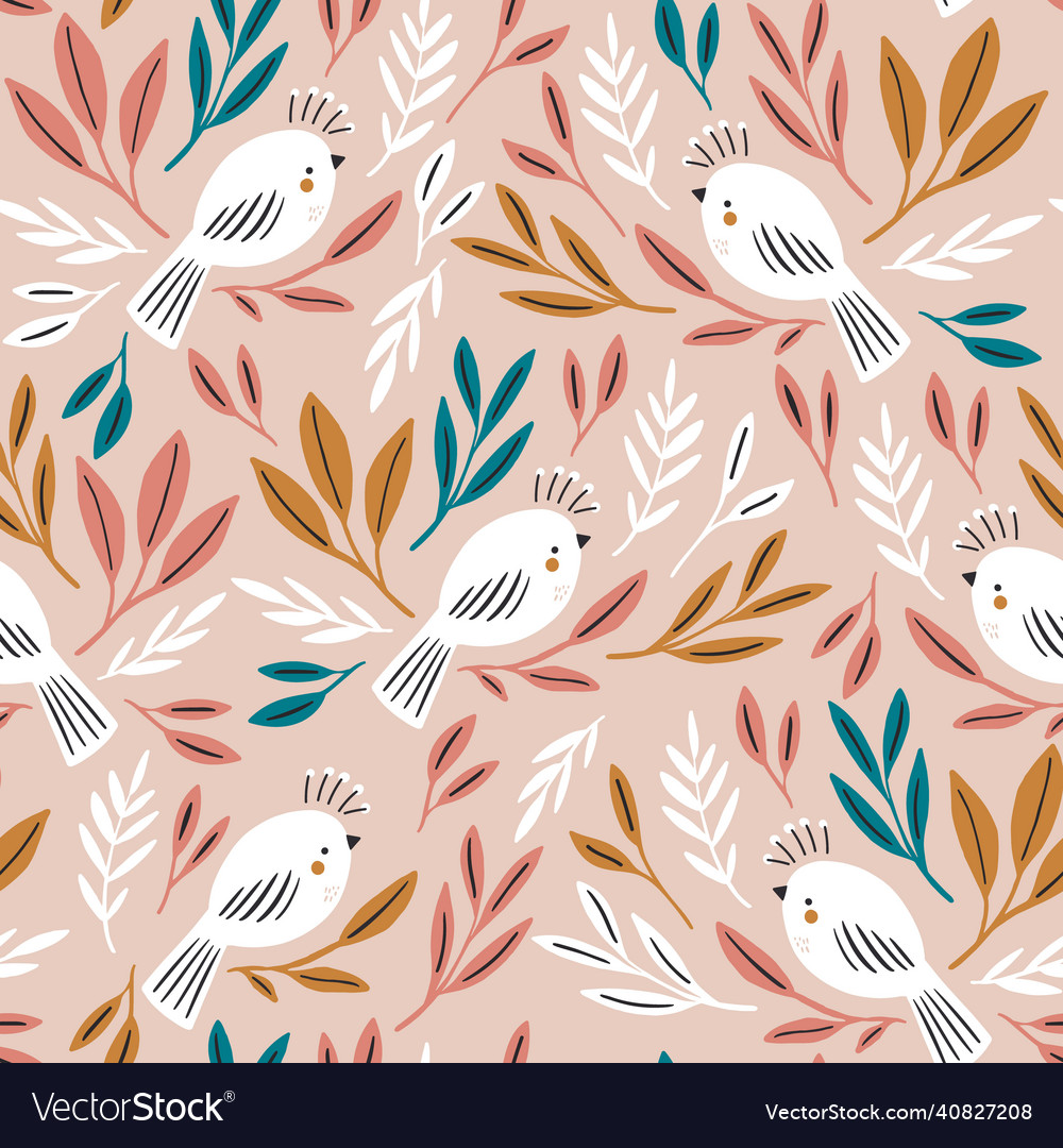 Seamless botanical pattern with white birds