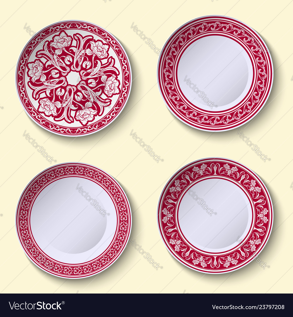 Set of ornamental porcelain dishes with red ethnic