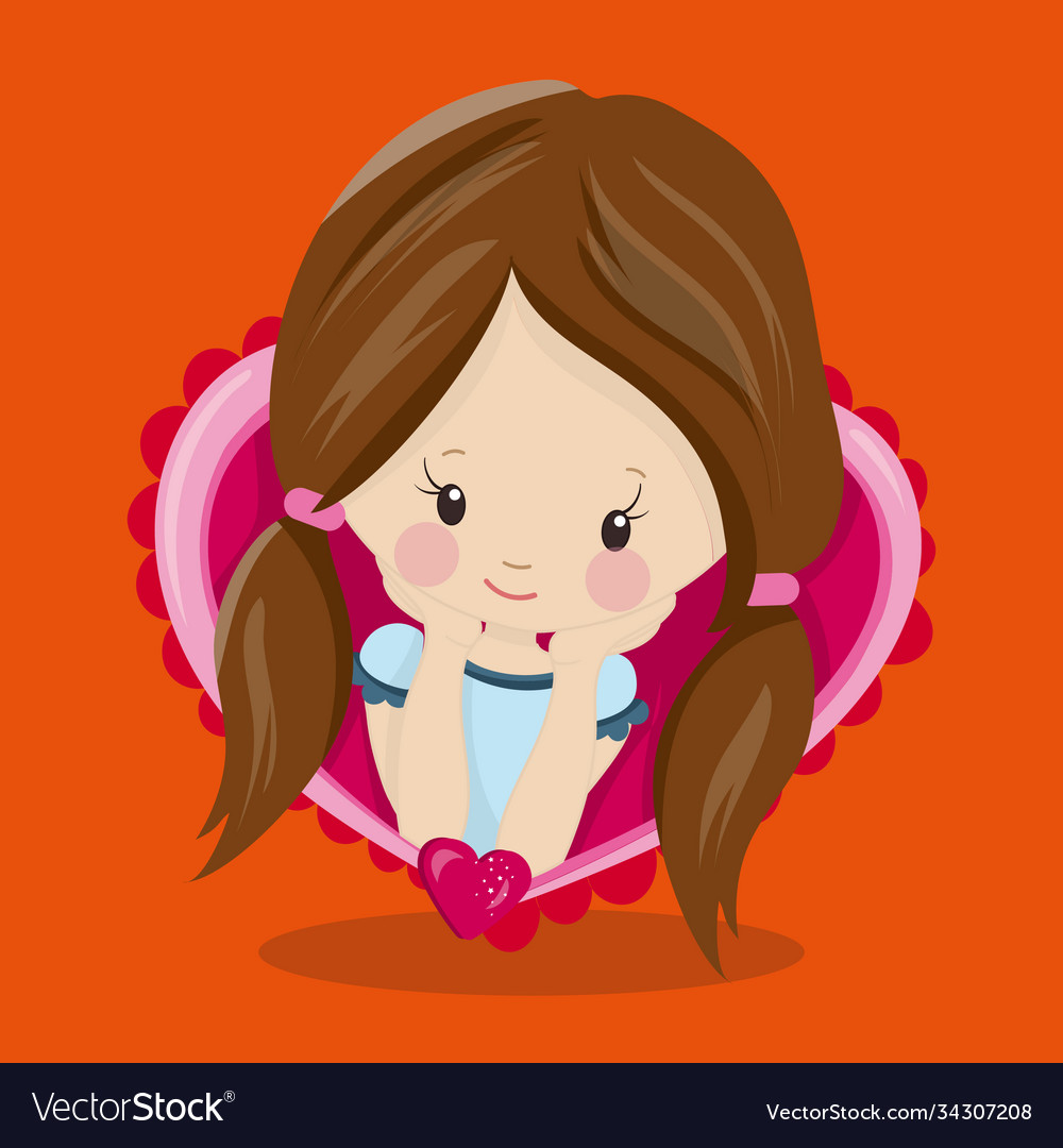 Valentine kids girl brown pigtails heart 03