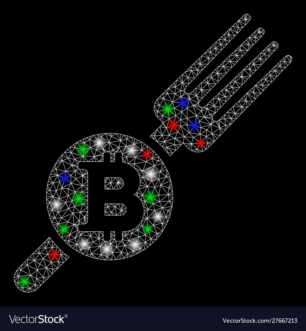 Bright mesh 2d bitcoin fork with flash spots vector image Bright mesh 2d bitcoin fork with flash spots