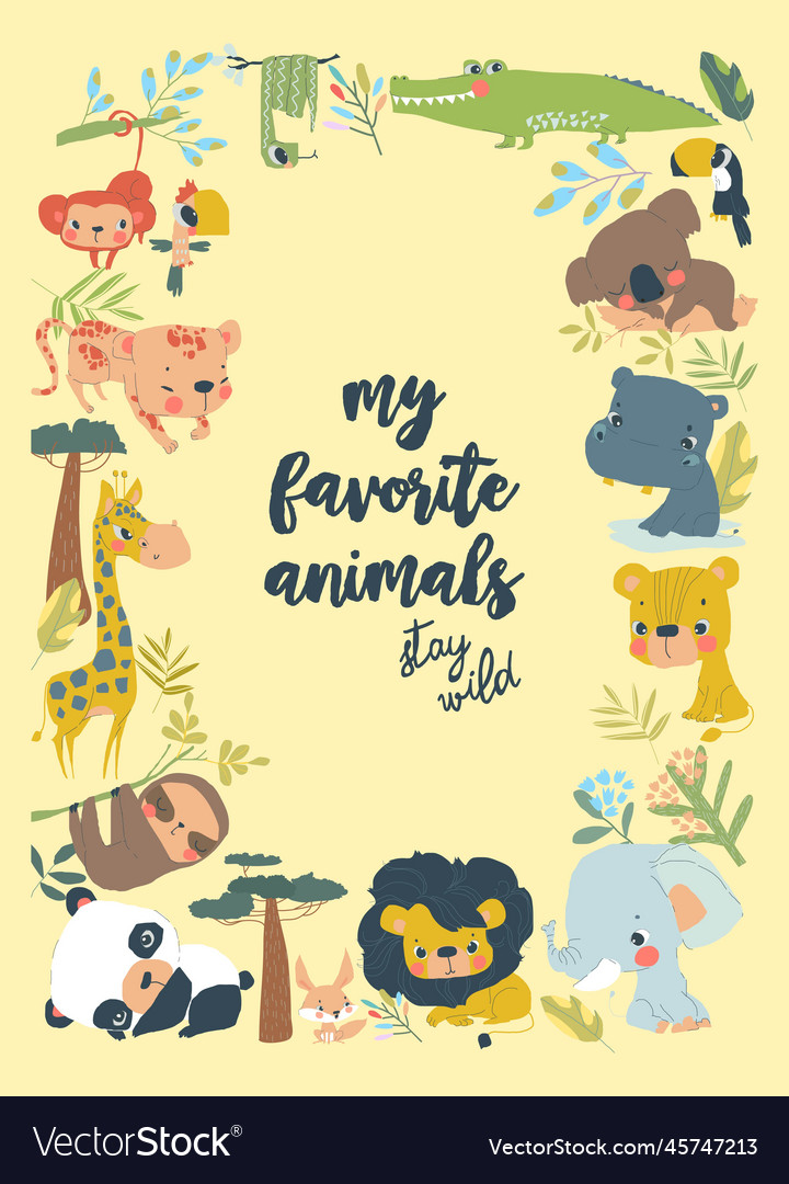 Cartoon Frame With Cute Animals From Different Vector Image