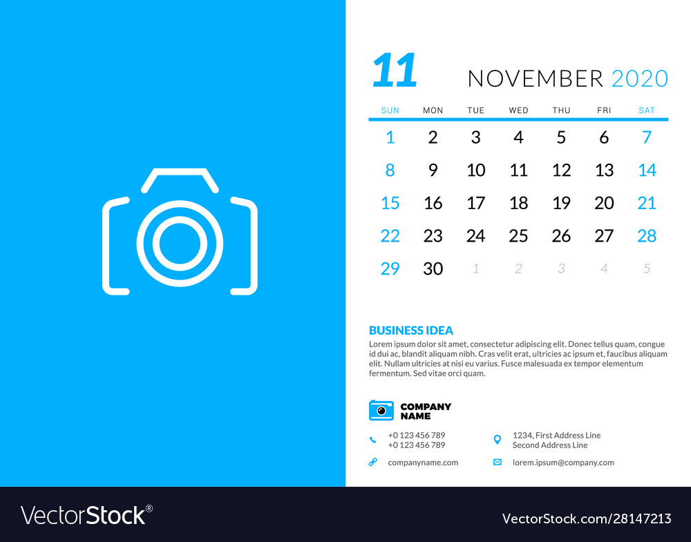 Desk calendar template for november 2020 week