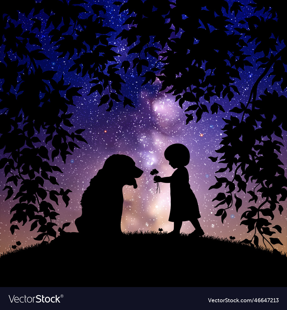Mädchen und Hund in der Nacht Baby Haustier Silhouette