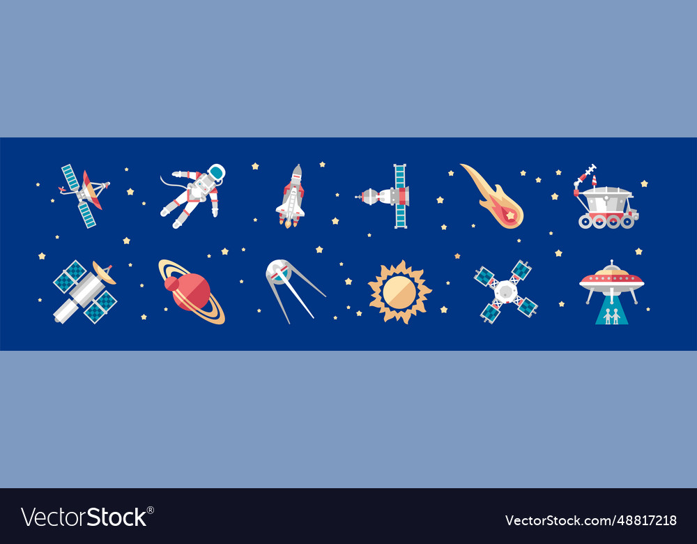 Outer space icon and objects on blue background vector image Outer space icon and objects on blue background