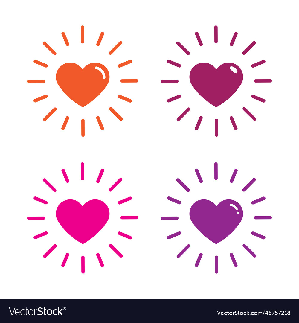 Set of heart shape with rays icon isolated flat