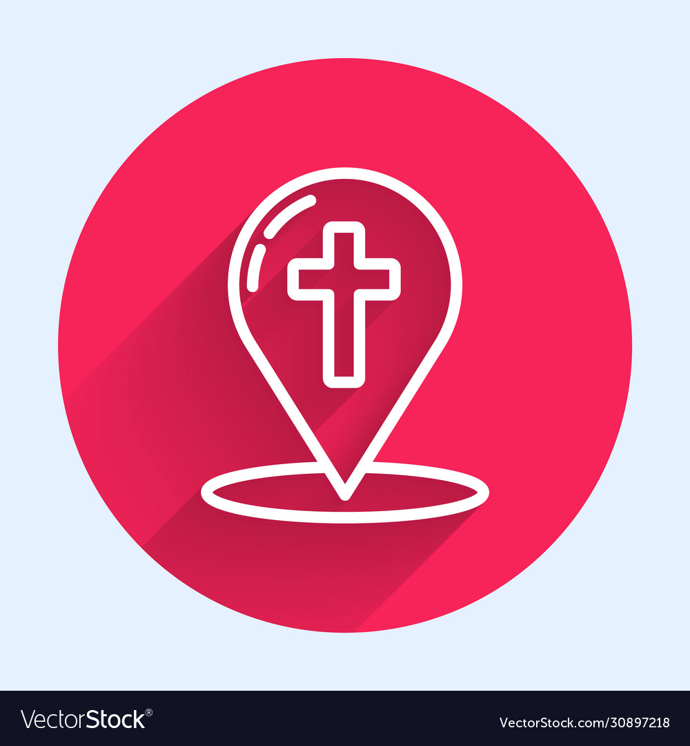 Weiße Linie Kartenzeiger mit christian Kreuz Ikone vector image Weiße Linie Kartenzeiger mit christian Kreuz Ikone