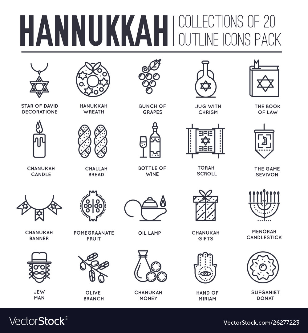 Set hanukkah decor and attributes thin line