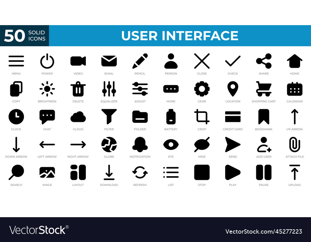 Set of 50 user interface icons in solid style vector image Set of 50 user interface icons in solid style