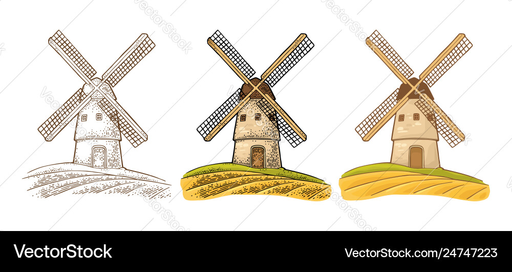 Windmill On Wheat Field Vintage Color