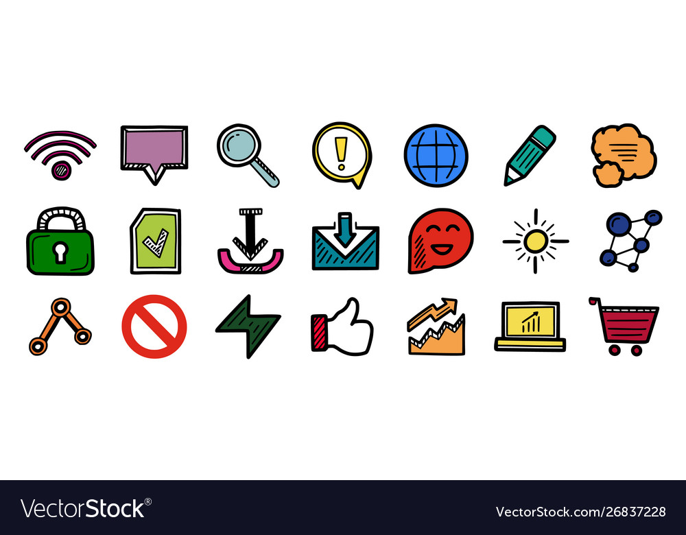 Set hand drawn color web internet icons wifi