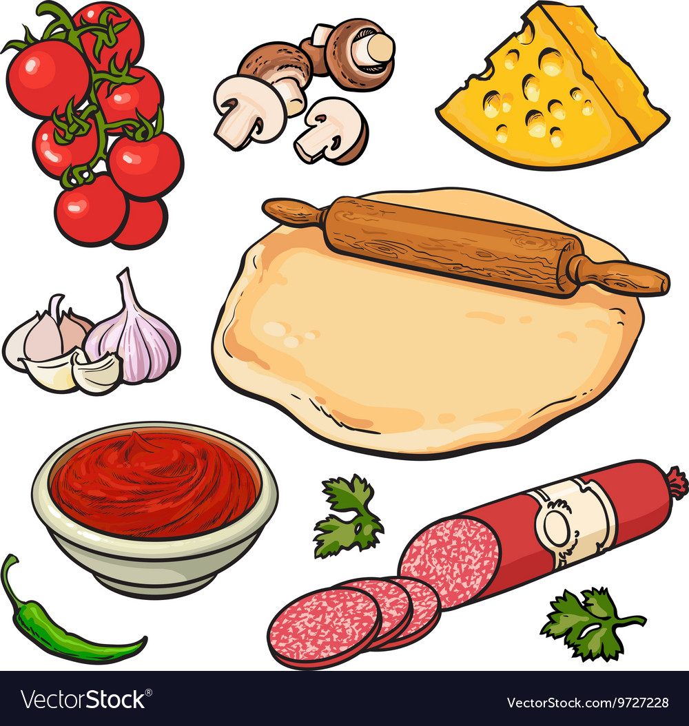 Set of sketch style pizza ingredients