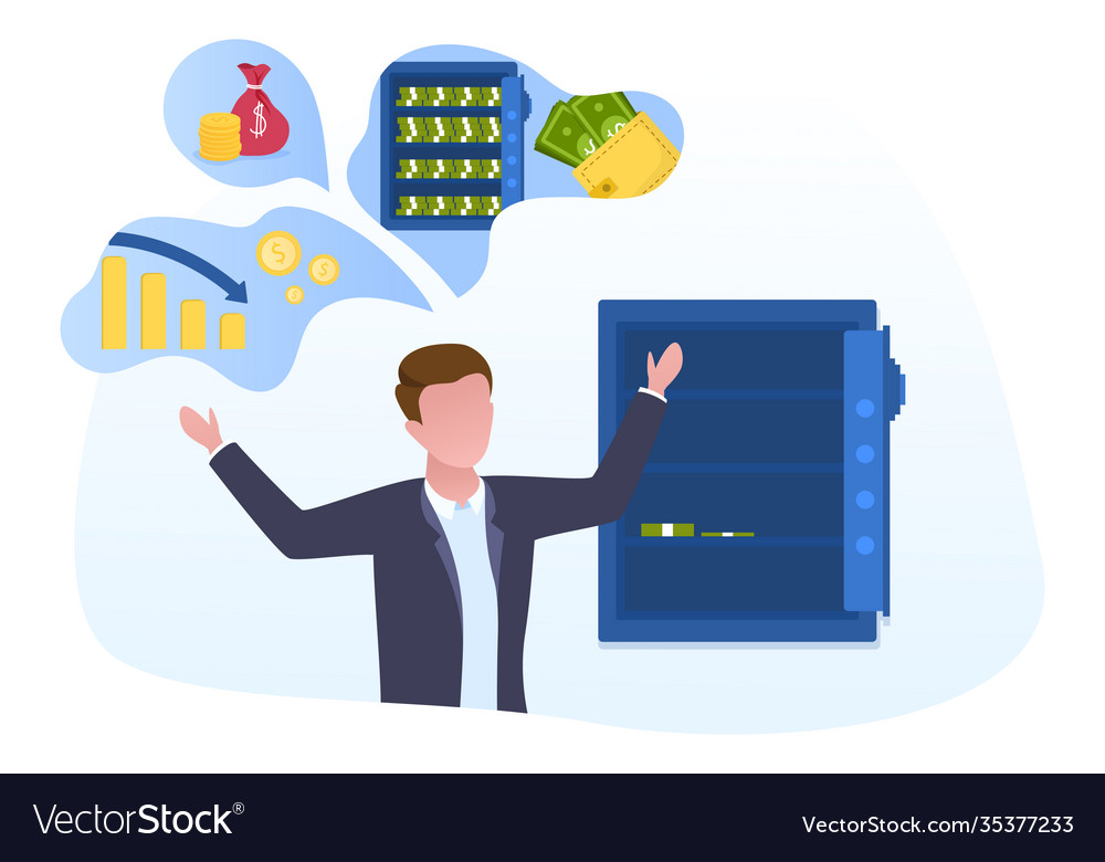 Poor man standing near an open empty safe vector image Poor man standing near an open empty safe