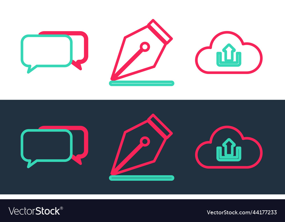 Set line cloud upload chat and fountain pen nib vector image Set line cloud upload chat and fountain pen nib