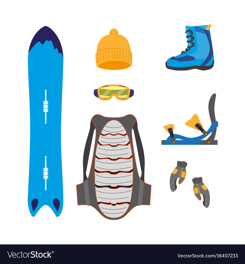 Snowboarding equipment set flat isolated