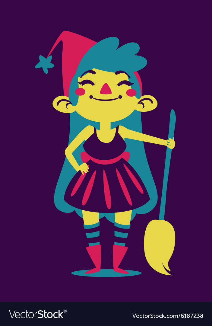 Happy witch holding a broom Royalty Free Vector Image