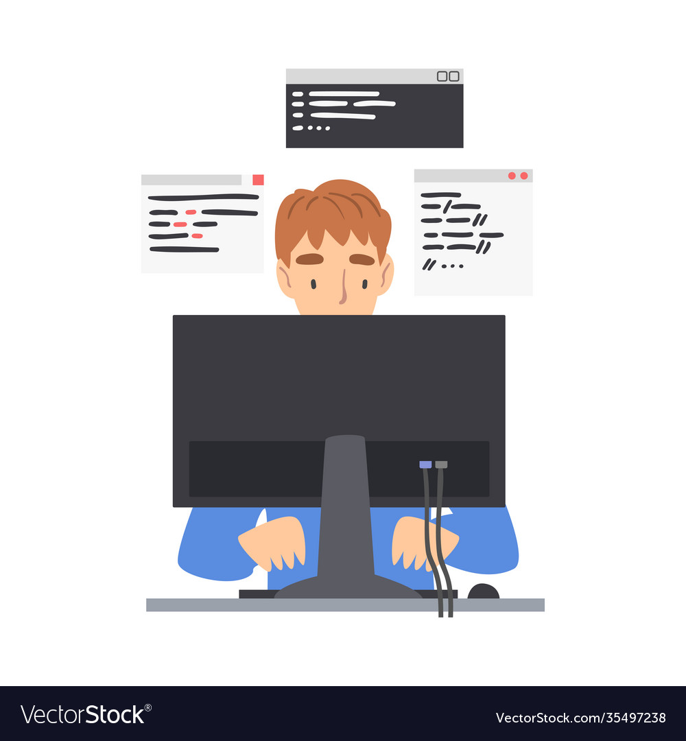 Man web developer or programmer working in front vector image Man web developer or programmer working in front