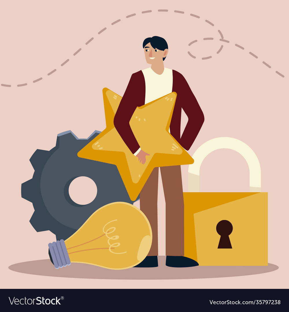 Man with objects such as gear bulb padlock
