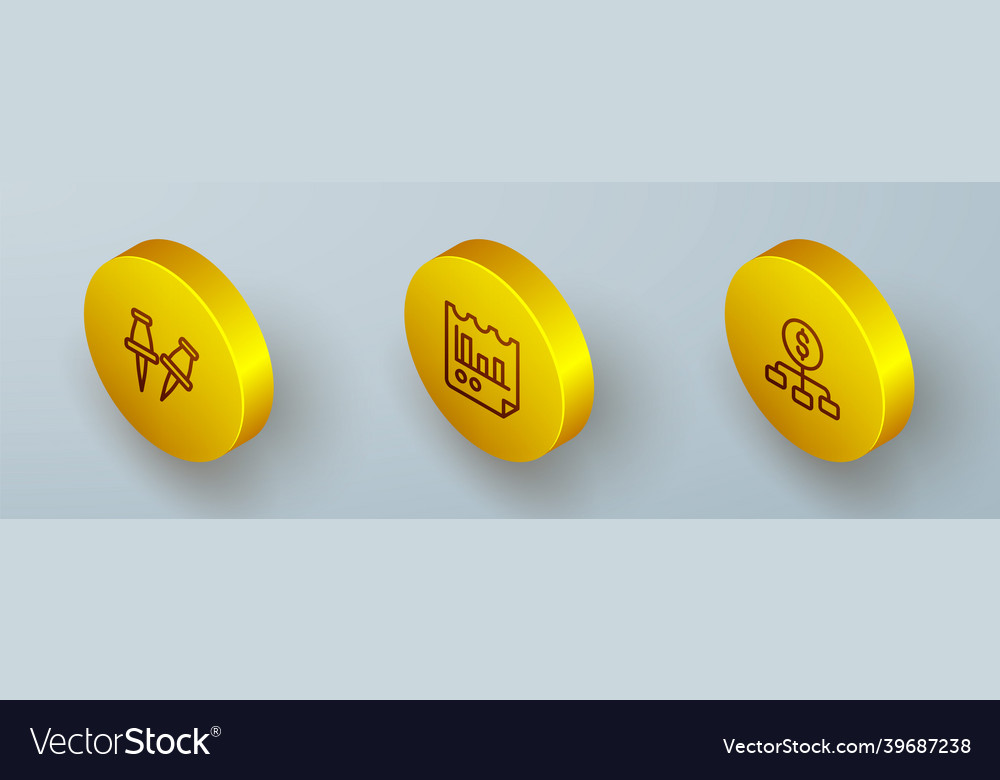 Set isometric line push pin document with graph Vector Image Set isometric line push pin document with graph